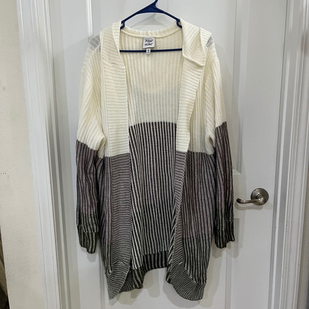 Planet Heart Hooded Cardigan Sweater 3X Cream Brown Olive Colorblock Open Front